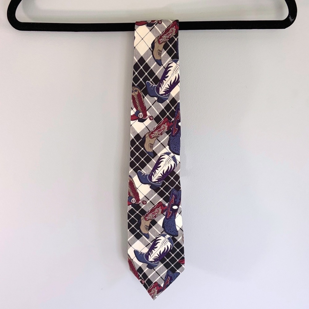 Gant Mens Silk Tie Plaid Cowboy Boots Western country Print Black White Blue USA
